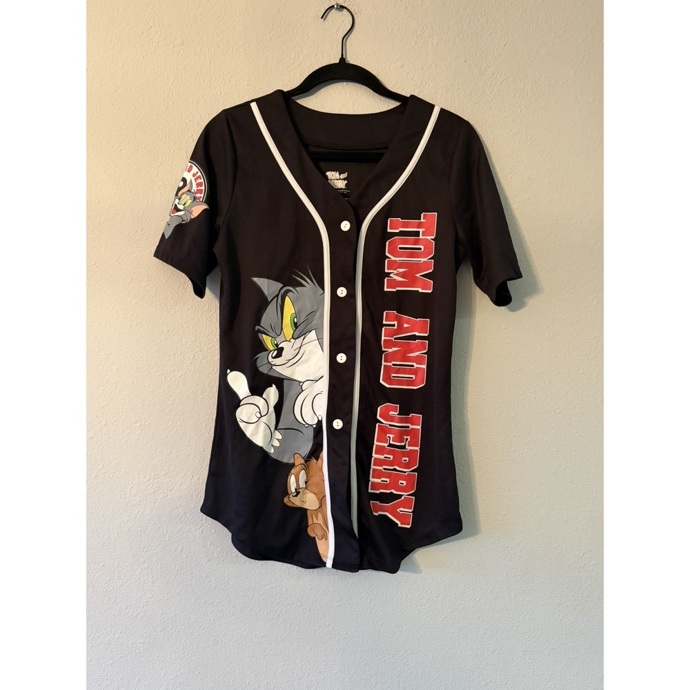 Women's Tom and Jerry Black/Red Baseball Style Jersey Vibrant Graphics EUC Sz: M